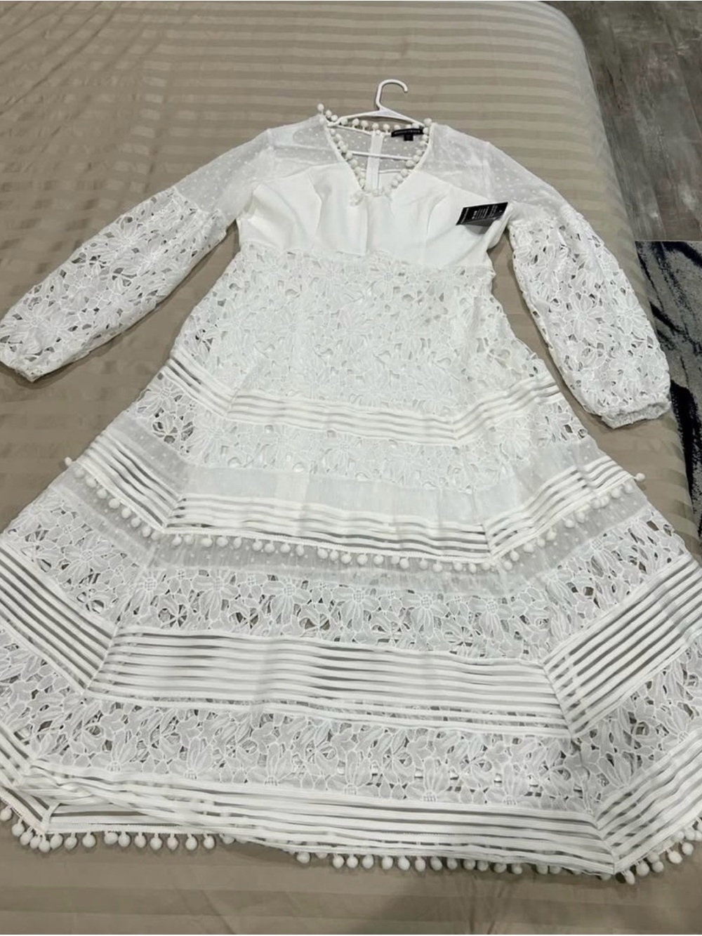 Boston Proper White Lace Maxi Dress with Pom-Pom Trim